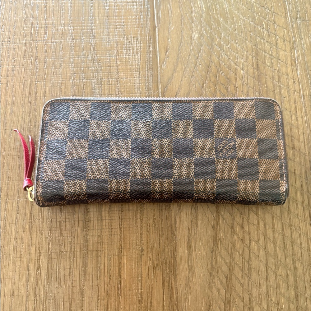 Louis Vuitton Brown Damier Ebene Wallet with Red Interior and Gold Hardware